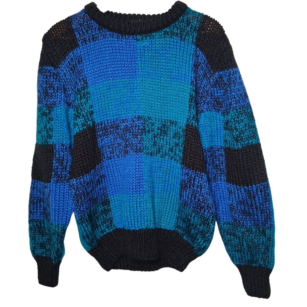 Vintage Extra Touch Hand Knit Sweater Women Size 40 Blue Black Plaid Striped